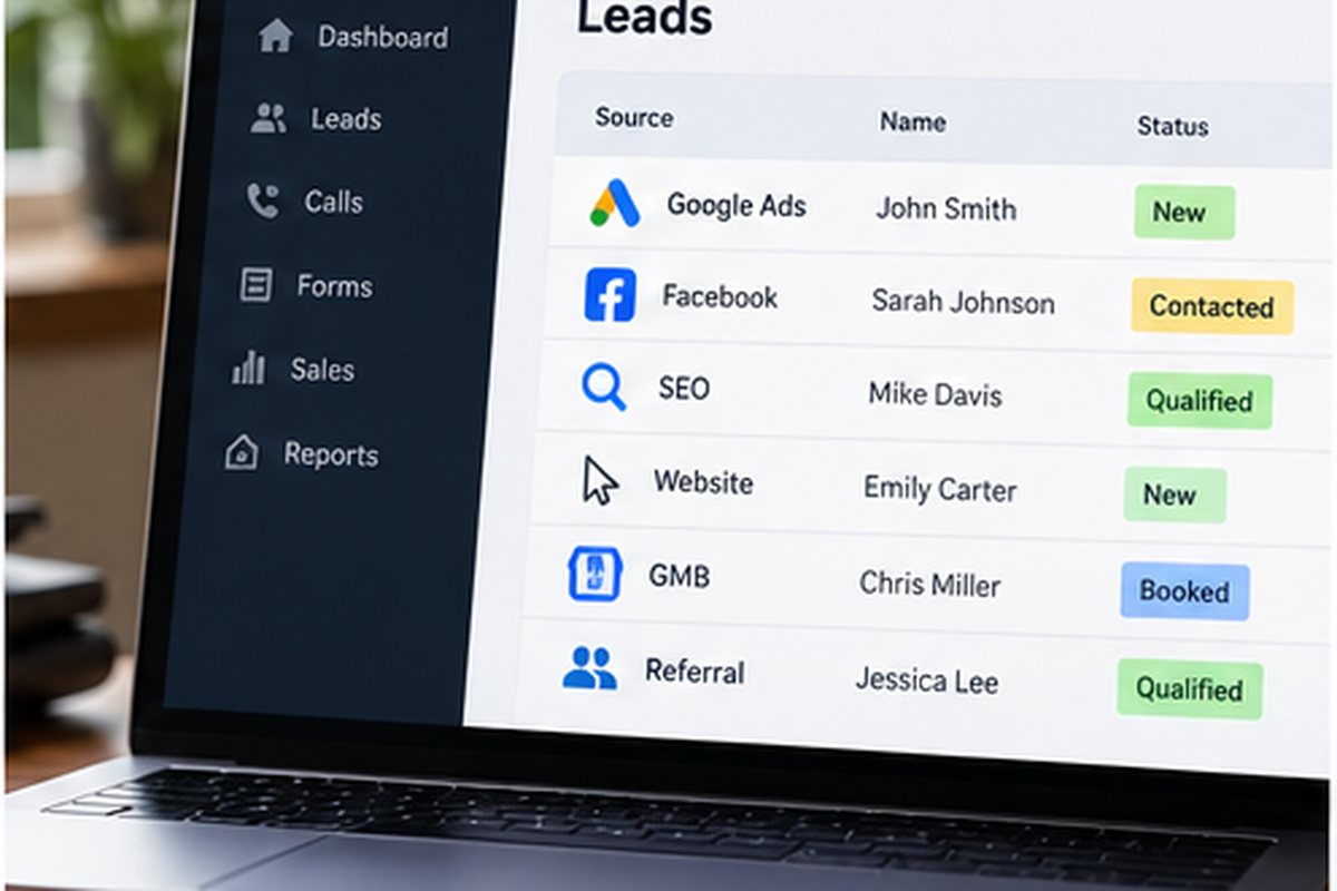 CRM leads dashboard showing lead source and status