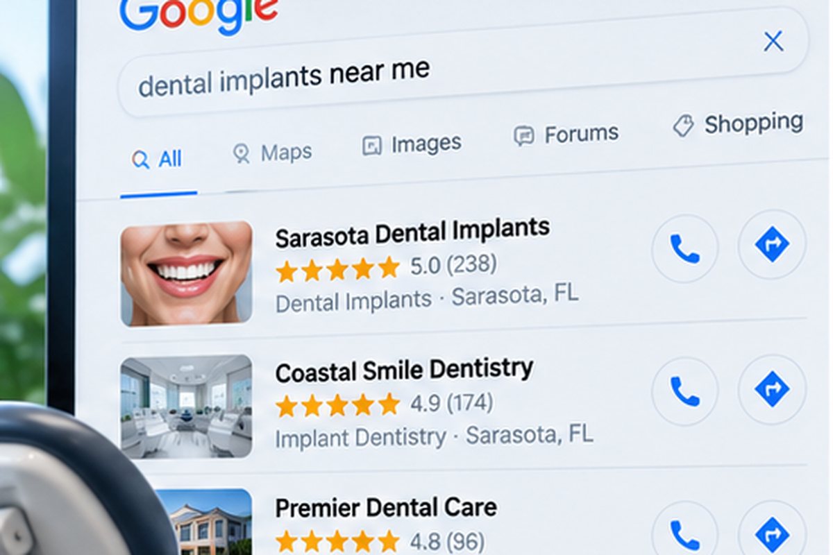 Dental office monitor showing Google results for dental implants near me