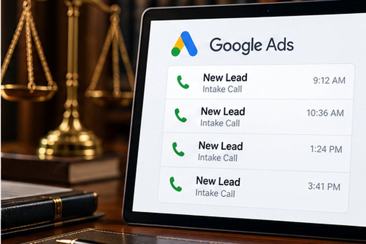 Tablet on a law office desk showing Google Ads intake call leads