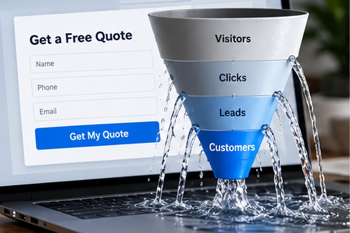 Funnel leaking water over a Get a Free Quote form on a laptop