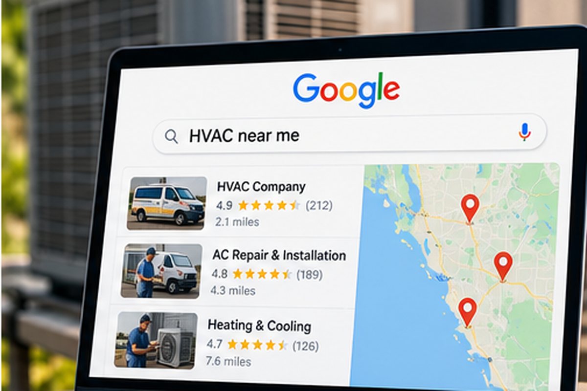 Laptop showing Google local results for HVAC near me, AC unit behind