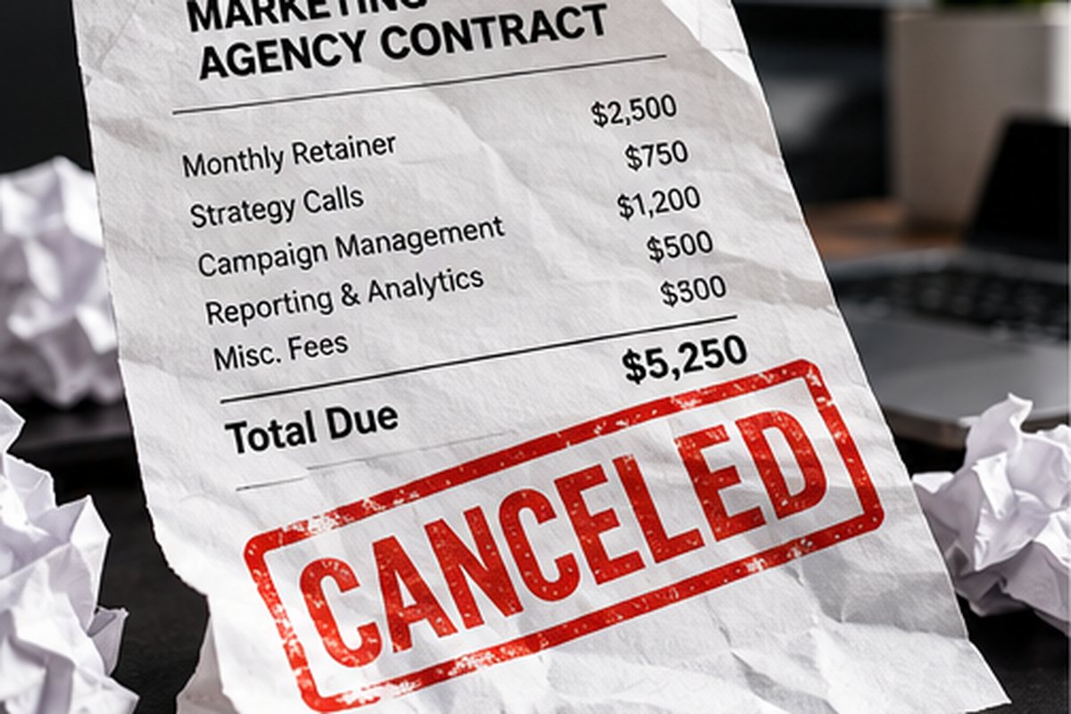 Crumpled marketing agency contract stamped CANCELED