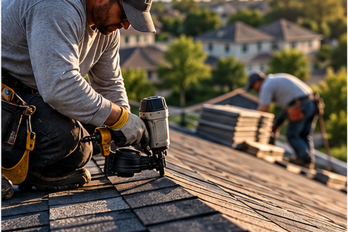 Roofer nailing shingles on a residential roof