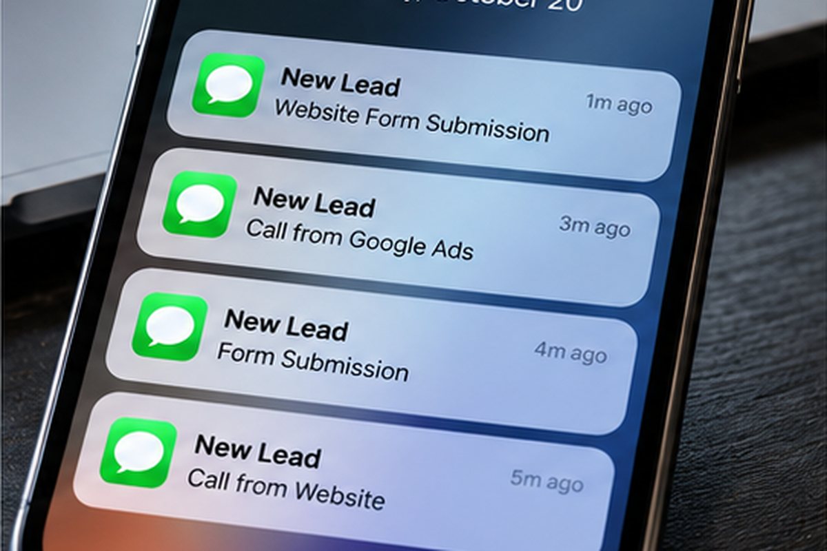 Phone lock screen stacked with New Lead notifications